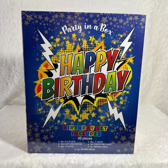 Party In A Box Happy Birthday 43 Pc Party Goods Set Pow Bam Boom New Sealed - Picture 1 of 3